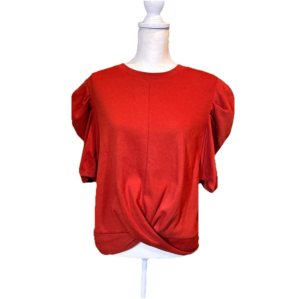 Grace + Karma Clay Puff Sleeve Twist Front Top Womens Medium‎ Crew Neck